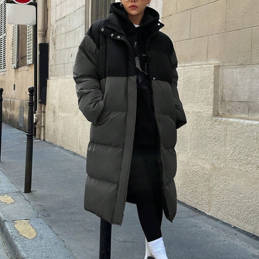 Dark Grey Casual Women's Color Block Hooded Padded Coat